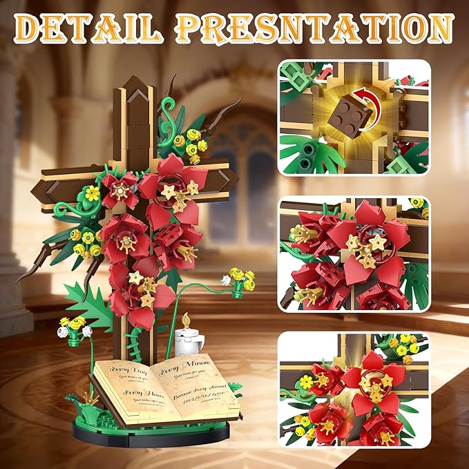 Jesus Cross Flower Building Set Religious Cross Collectibles Jesus Catholic Building Toys Christian Crucifix Floral Decor Display Easter Christian Birthday Gift for Kids Women &amp Adults (381