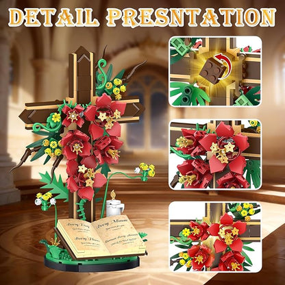 Jesus Cross Flower Building Set Religious Cross Collectibles Jesus Catholic Building Toys Christian Crucifix Floral Decor Display Easter Christian Birthday Gift for Kids Women &amp Adults (381