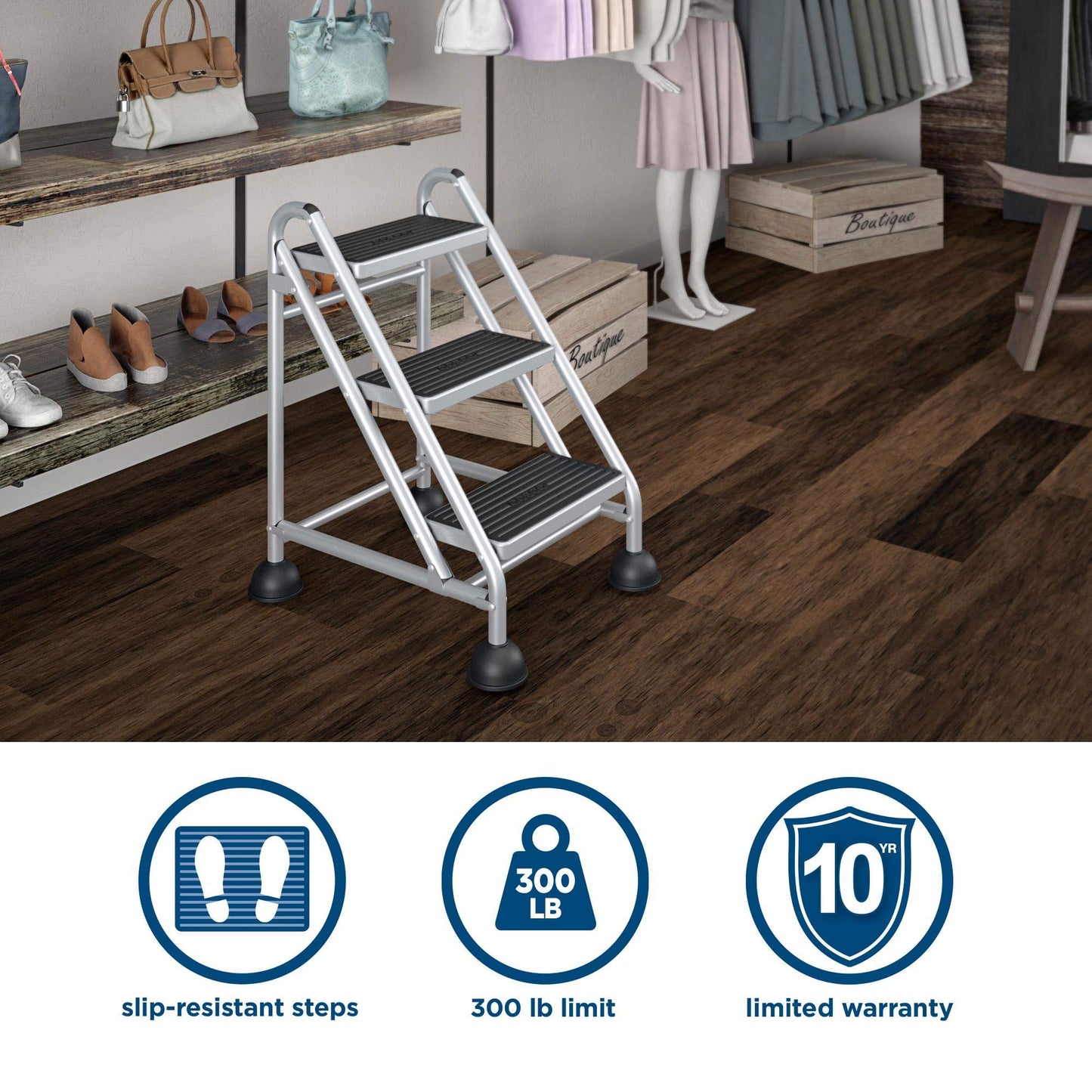 Cosco 3-Step Rolling Step Ladder, Grey