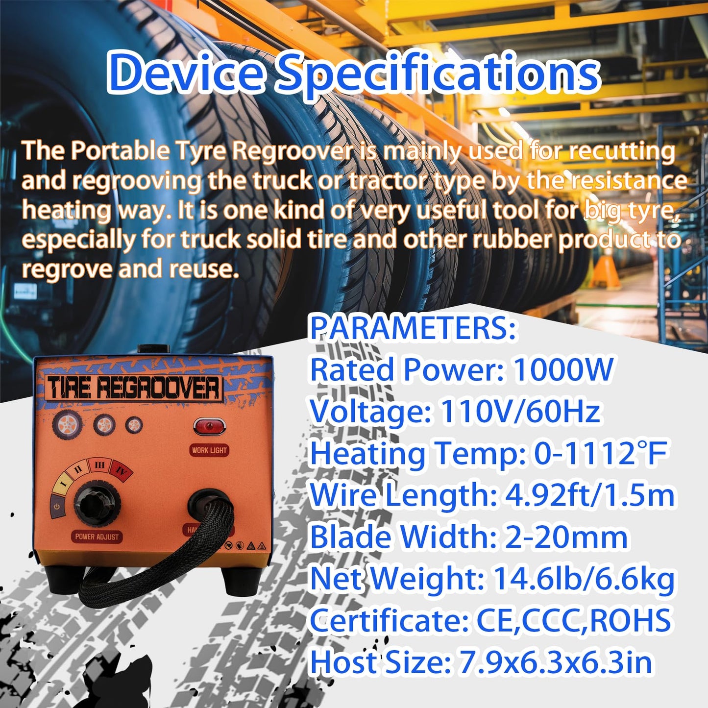 1000W Professional Portable Tire Grooving Machine with 20 Blades,Adjustable High Power Tire Regroover Device,Off-Road/Truck Car Rubber Tyre Groover Device,Tool for the Tread Pattern,Retread Old Tire