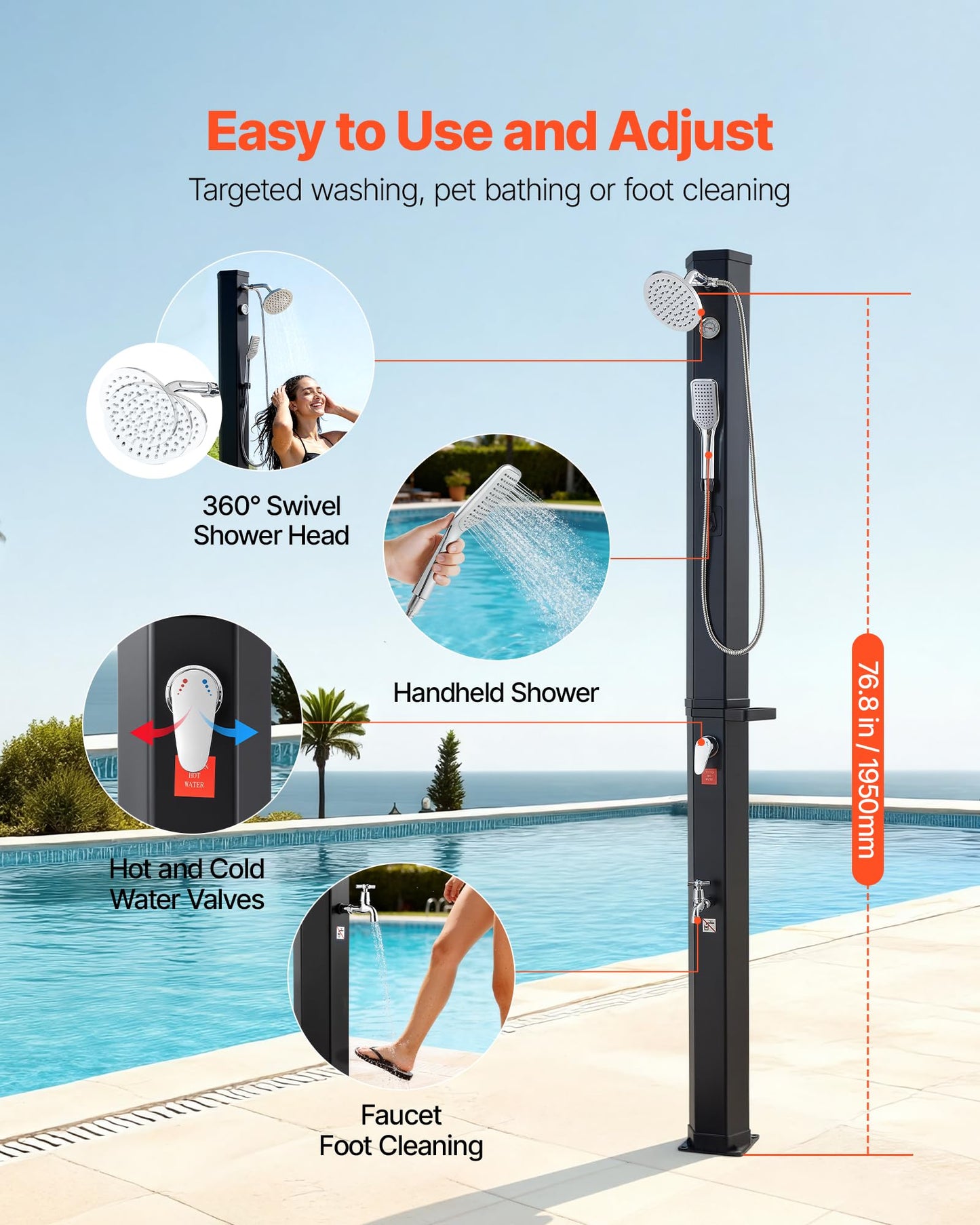 VEVOR Solar Shower, 10.6 Gal, 6.7FT Showerhead Height Outdoor Shower, Black, with Handheld & Foot Faucet, Hot & Cold Water Adjustment, Freestanding for Backyard Poolside Beach Pool