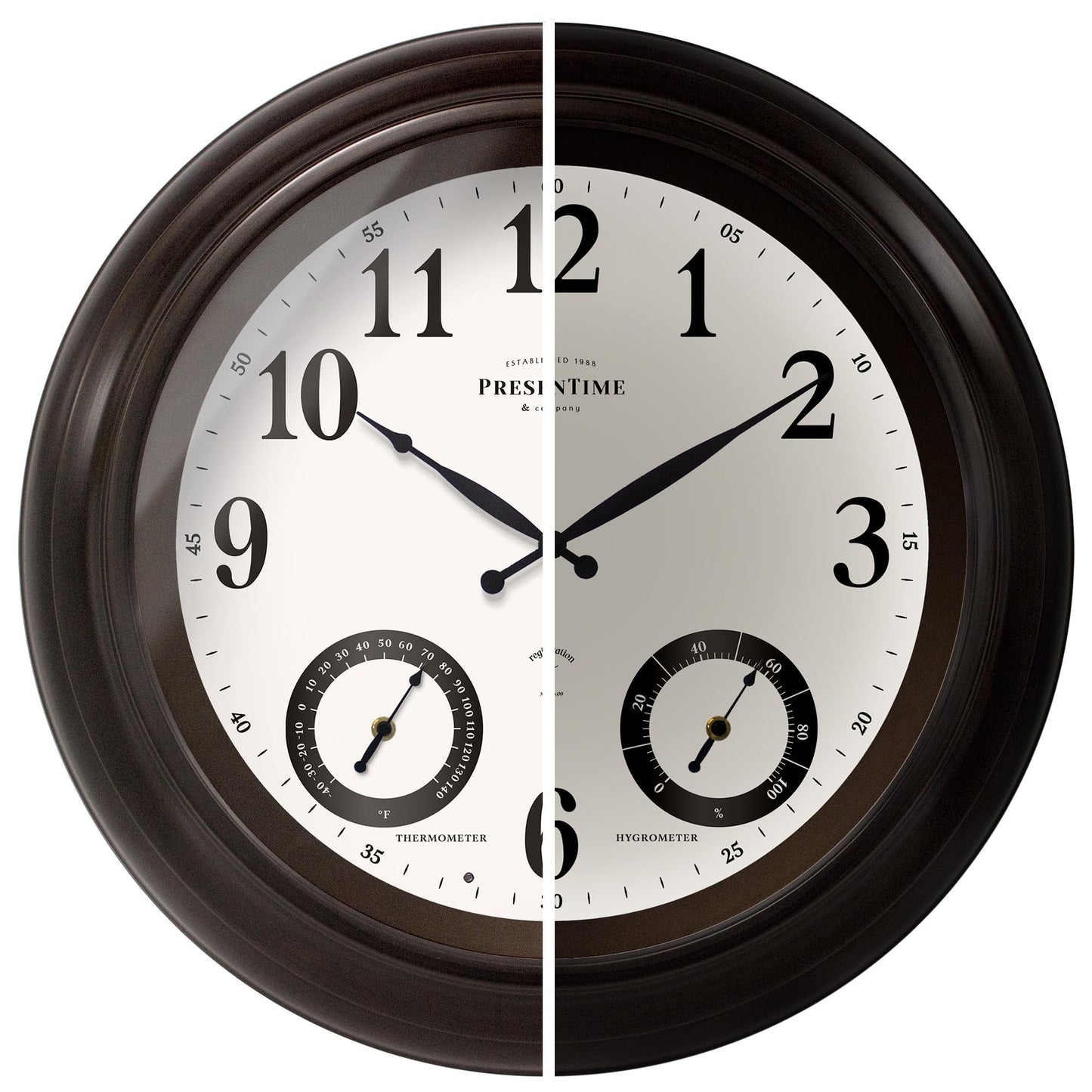 PresenTime & Co 24" Jameson Illuminated In/Outdoor Clock, Modern Farmhouse, Self-Illuminated, Waterproof, Weather Station (Thermometer & Hygrometer), Metal Clock, Oil Rubbed Bronze Finish(Night Light)