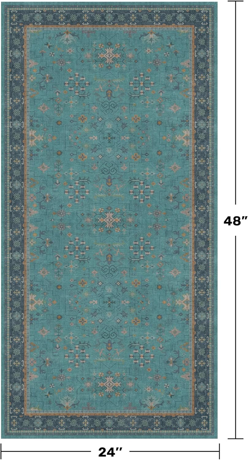 Skiennix 2x4 Washable Teal Throw Rug - Non-Slip Boho Floral Indoor Carpet for Entryway & Bathroom