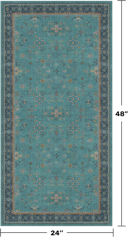 Skiennix 2x4 Washable Teal Throw Rug - Non-Slip Boho Floral Indoor Carpet for Entryway & Bathroom