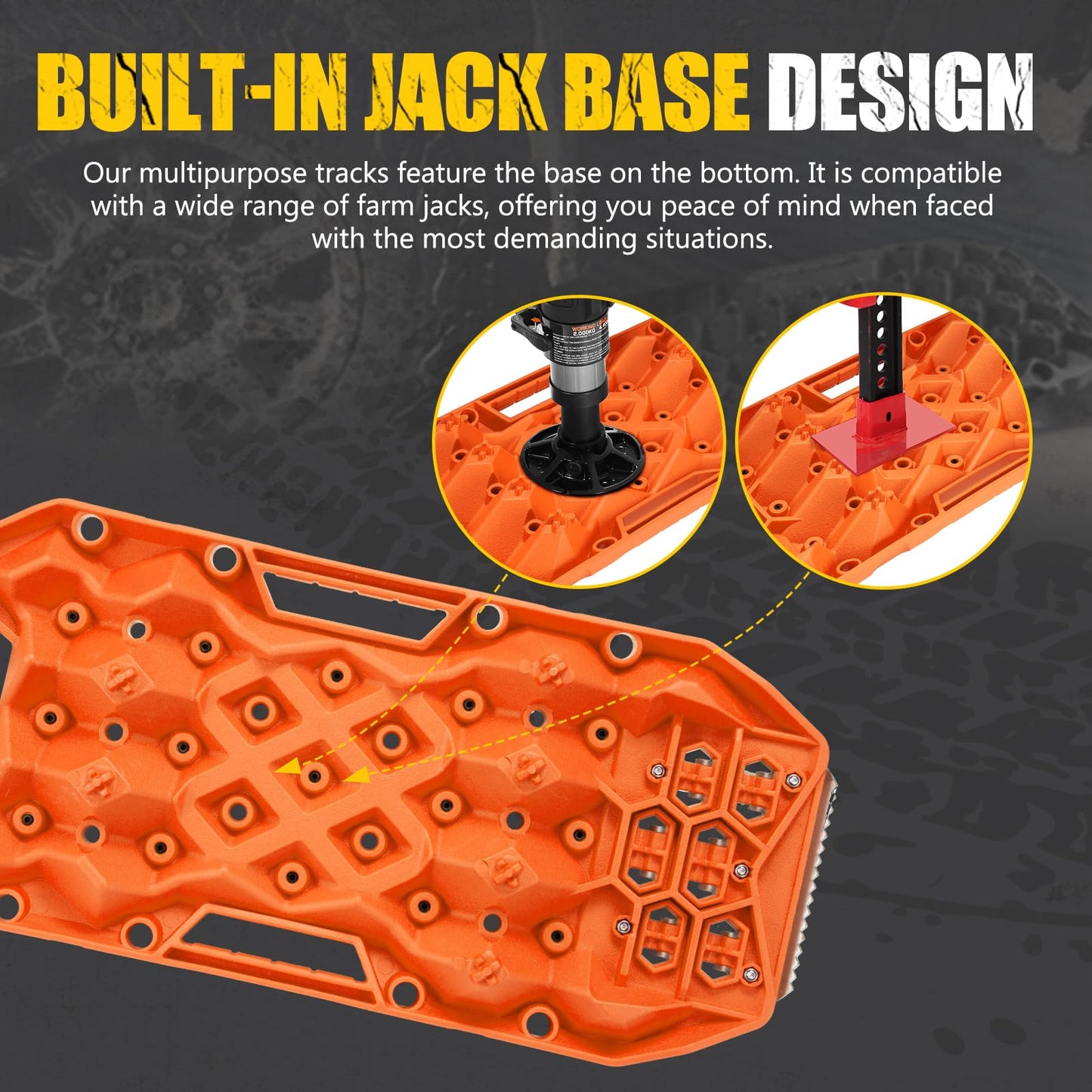BUNKER INDUST Offroad Traction Boards with Jack Base, Pair Portable Recovery Track Tire Traction Mat - Orange Sand,Mud,Snow Tracks(Replaceable Dual Colors Teeth/Rugged Steel Plate), Gen 12th