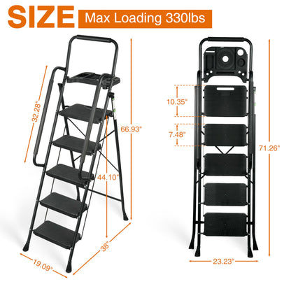 Arbusb Step Ladder, Folding Step Stool with Wide Anti-Slip Pedals, Sturdy Steel Ladder with Handrail, Space-Saving, Portable for Home & Adults, 5 Step Ladder
