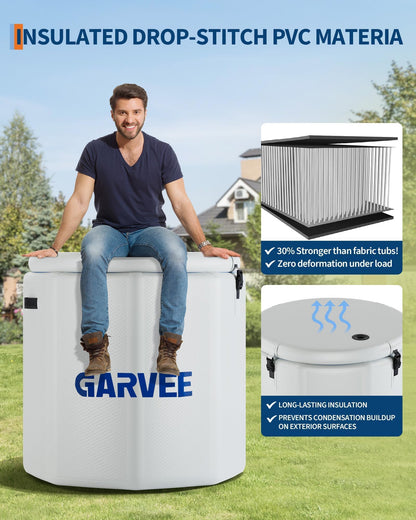 GarveeTech Ice Bath Tub for Athletes, Compatible with Water Chillers, 186Gallon Inflatable Cold Plunge Tub with Insulated Lid, Portable Cold Water Therapy Ice Pod for Recovery (White-Blue, 186Gallon)