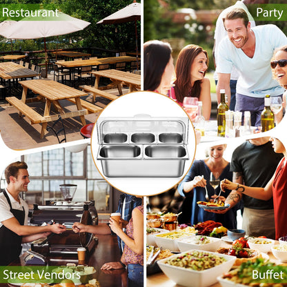 Ziliny Food Serving Display Container 5 Pans Stainless Steel Salad Bar Buffet Station Condiment Dispenser Serving Tray Food Display Rack and Clear Roll Top Cover for Restaurant Hotel Kitchen
