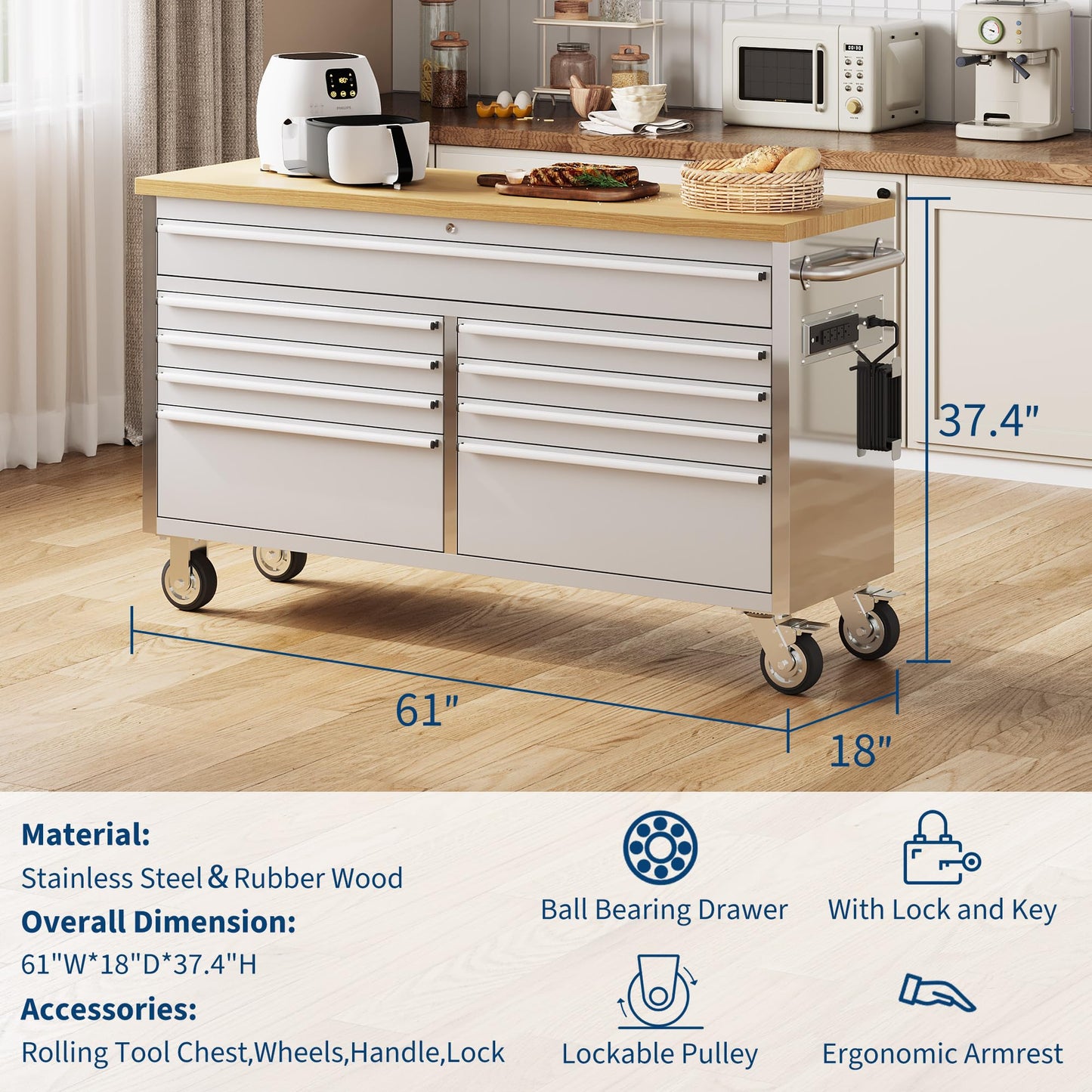 PeakPursuit 61" Rolling Tool Chest with 9 Drawers, Solid Rubber Wood Workbench Top, Locking Wheels & Key Lock, Mobile Garage Tool Cabinet for Workshop Storage & Organization, Silver