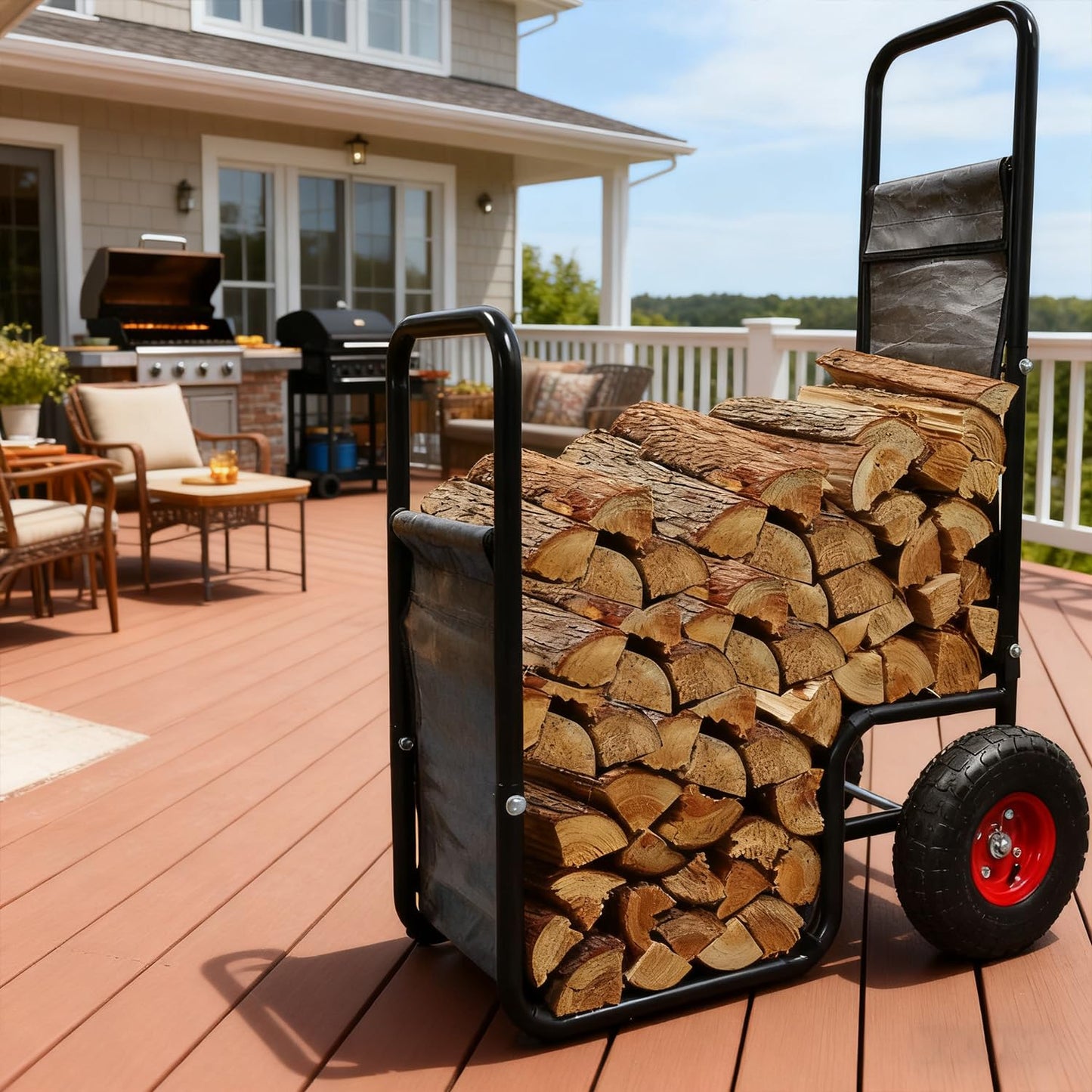 KAIDIDA Firewood Cart with Wheels: 44 X 27 X 20 in Heavy Duty 260 lbs Load for Garden Backyard Fireplace Men Women Use