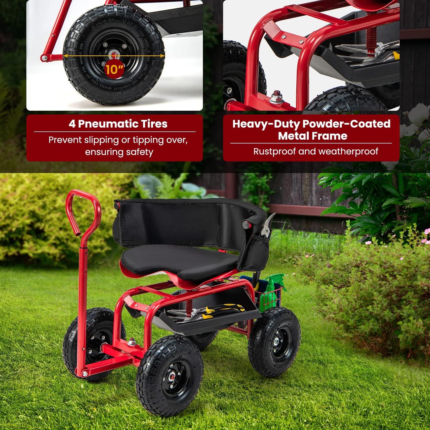 ERGOMASTER Rolling Garden Seat with Wheels, Adjustable 360° Swivel Workseat and Storage Basket, Extendable Handle, Outdoor Gardening Wagon Scooter, Red