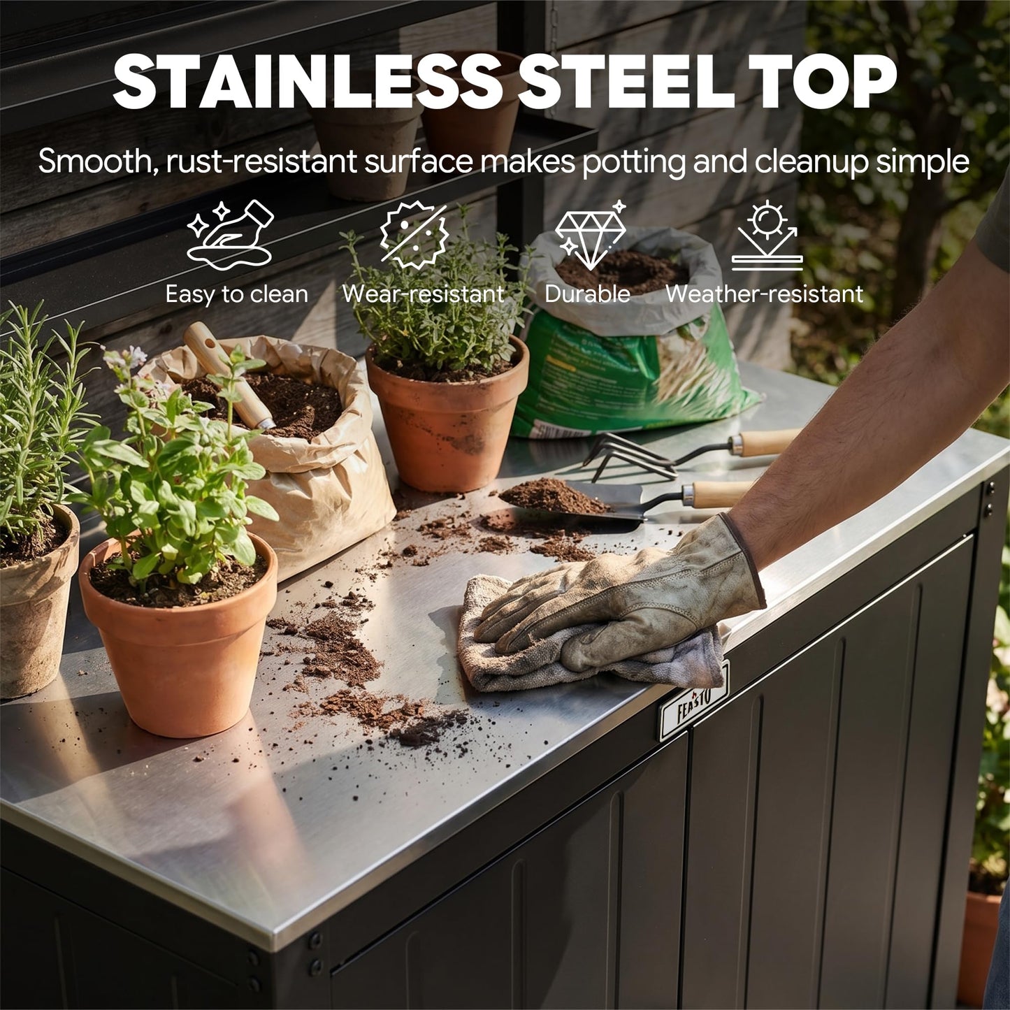 Feasto Outdoor Potting Bench Table with Storage Cabinet, Stainless Steel Garden Workstation, Raised-Edge Top, Adjustable Shelf & Removable Hutch for Patio, Balcony & Outdoor Workspace, Black