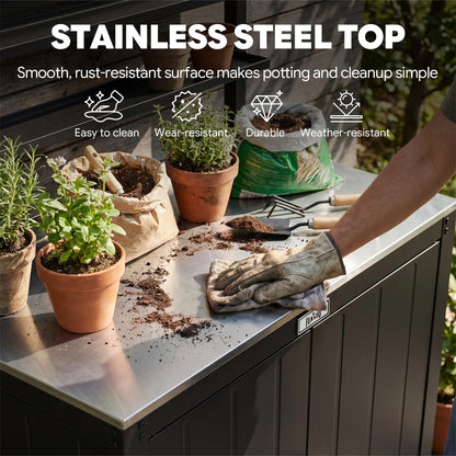 Feasto Outdoor Potting Bench Table with Storage Cabinet, Stainless Steel Garden Workstation, Raised-Edge Top, Adjustable Shelf & Removable Hutch for Patio, Balcony & Outdoor Workspace, Black