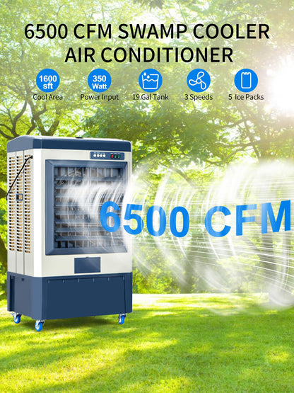 Uthfy 6500 CFM Swamp Cooler,49" Evaporative Air Cooler with 19 Gal Water Tank,5 Ice Box,120° Swing,Portable Air Conditioner with 3 Speeds,High Velocity Outdoor Cooling Fan for Garage,Patio,Factory Use