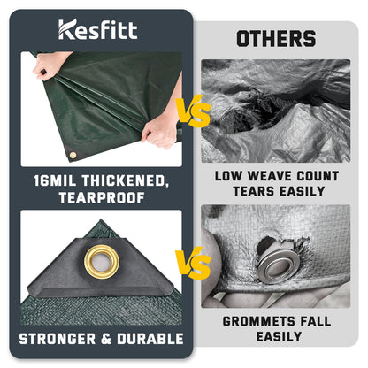 Kesfitt 16 Mil Heavy Duty Waterproof Tarp with Metal Grommets, Dark Green & Blue Reversible Poly Tarp, 20x30 ft, for Outdoor Protection, Yard, Garden, Farm, Camping & Equipment Coverage