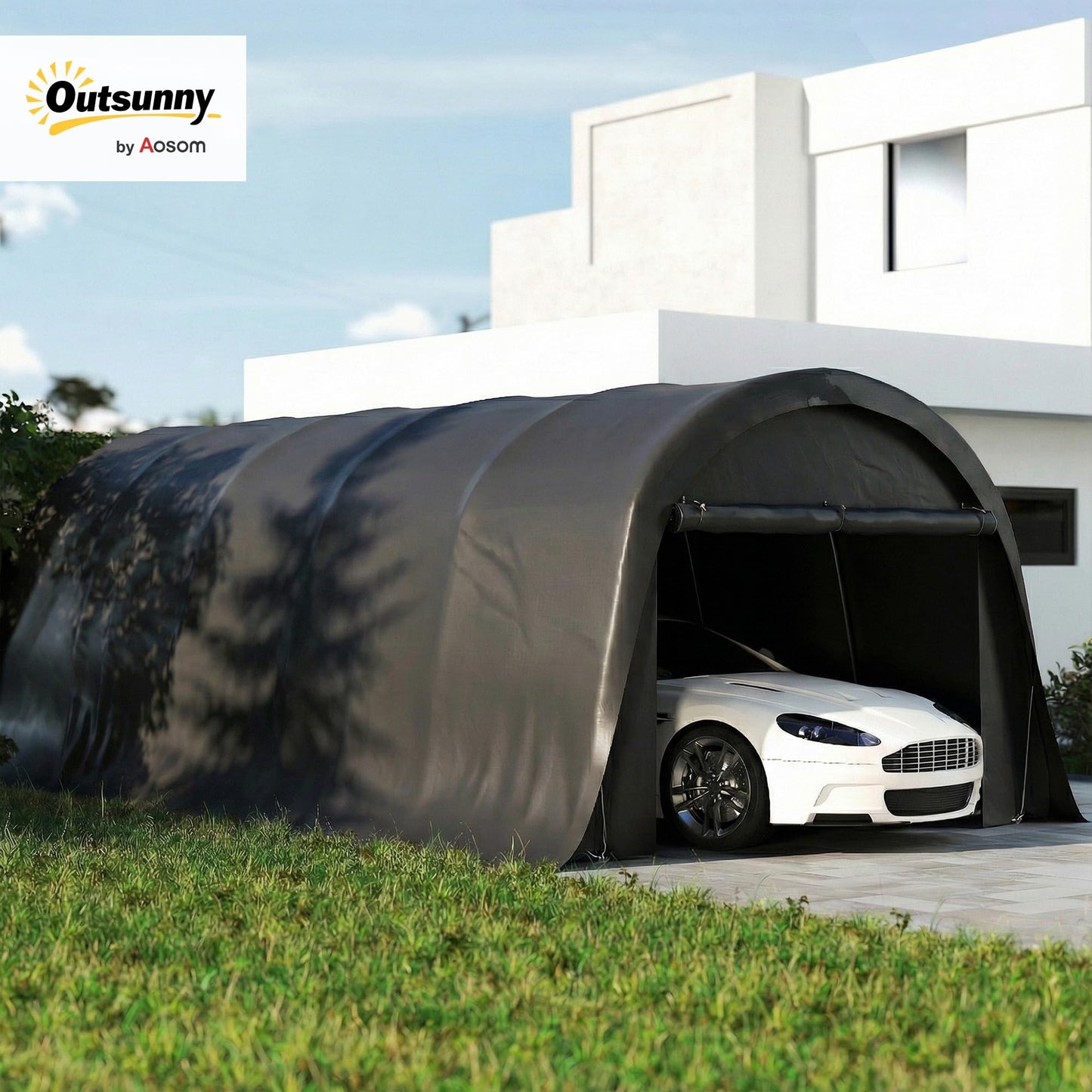 Outsunny 12' x 23.6' Heavy Duty Carport, Portable Garage Car Canopy Tent with UPF50+ Sun Protection, Galvanized Frame, Large Roll-Up Door for Cars, Trucks, Boats, Motorcycle, Bike, Dark Gray