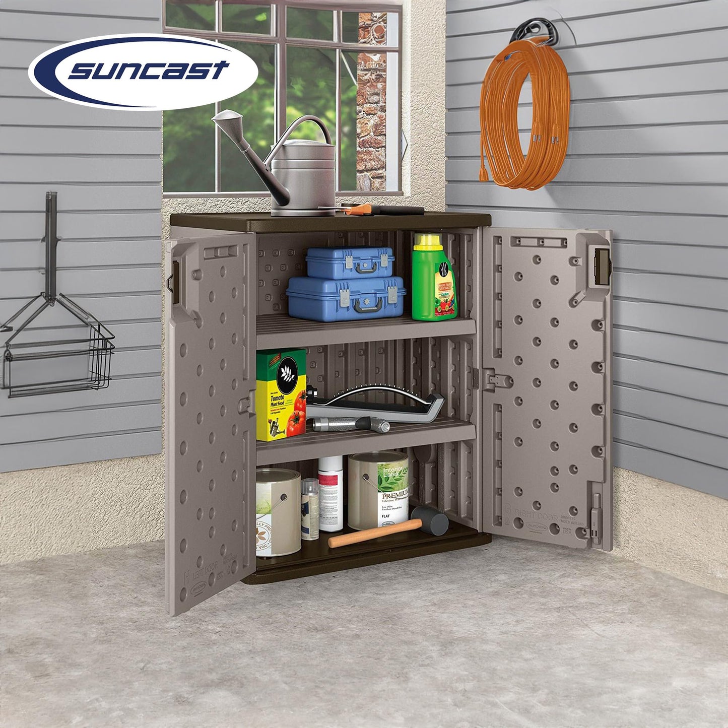 Suncast Base Storage Cabinet for Garage Organization - 9 Cu. Ft. Lockable 2-Shelf Organizer for Garden Supplies, Paint Cans & Outdoor Tools, Multi-Wall Resin Construction, Platinum