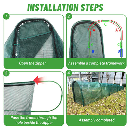 Chicken Runs for Yard,79" & 157" Extra Long Foldable Chicken Tunnels for Outside,All-in-One Kit with Sun Protection Net, Removable Door, Frame & Tools (Green, 315 * 21 * 32 inches)