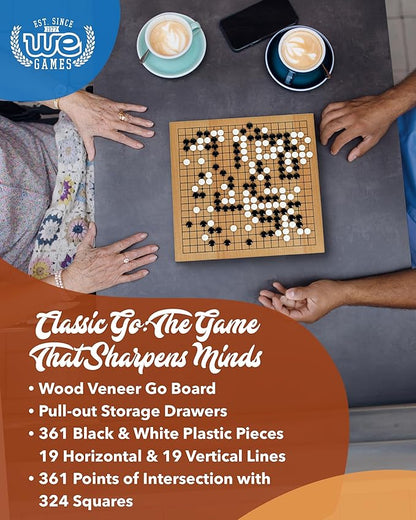 WE Games Go Game Set 12 Inch - Traditional Go Set with Pull-Out Storage Drawers Portable Wood Veneer Goban Strategy Board Games for Adults Go Board Game