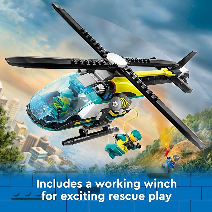 LEGO City Emergency Rescue Helicopter Toy Aircraft Playset for Kids Fun Gift for Boys and Girls Aged 6 Plus Hiker Rescuer and Pilot Minifigures Chopper with Winch and Spinnable Rotors 60405