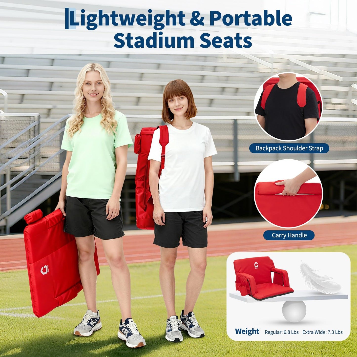 Garvee Stadium Seats with Back Support and Padded Cushion - Extra Wide 24.5" Bleacher Chair with Anti-Slip Mat - Reclining Stadium Football Seats - 6 Adjustable Angle, Large Pockets, Cup Holders - Red