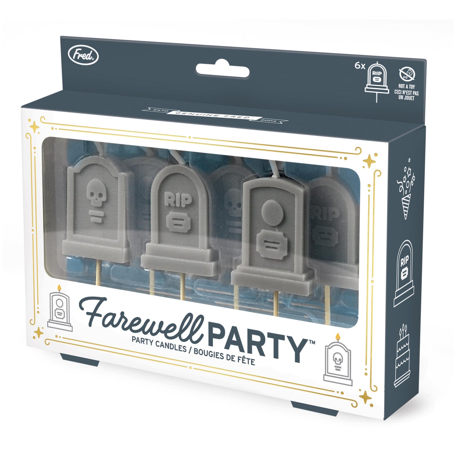 Genuine Fred Farewell Party Tombstone Birthday Candles – Set of 6 Gravestone Cake Toppers with Wooden Picks – Fun Candles for Milestone Birthdays, Retirements, and Halloween