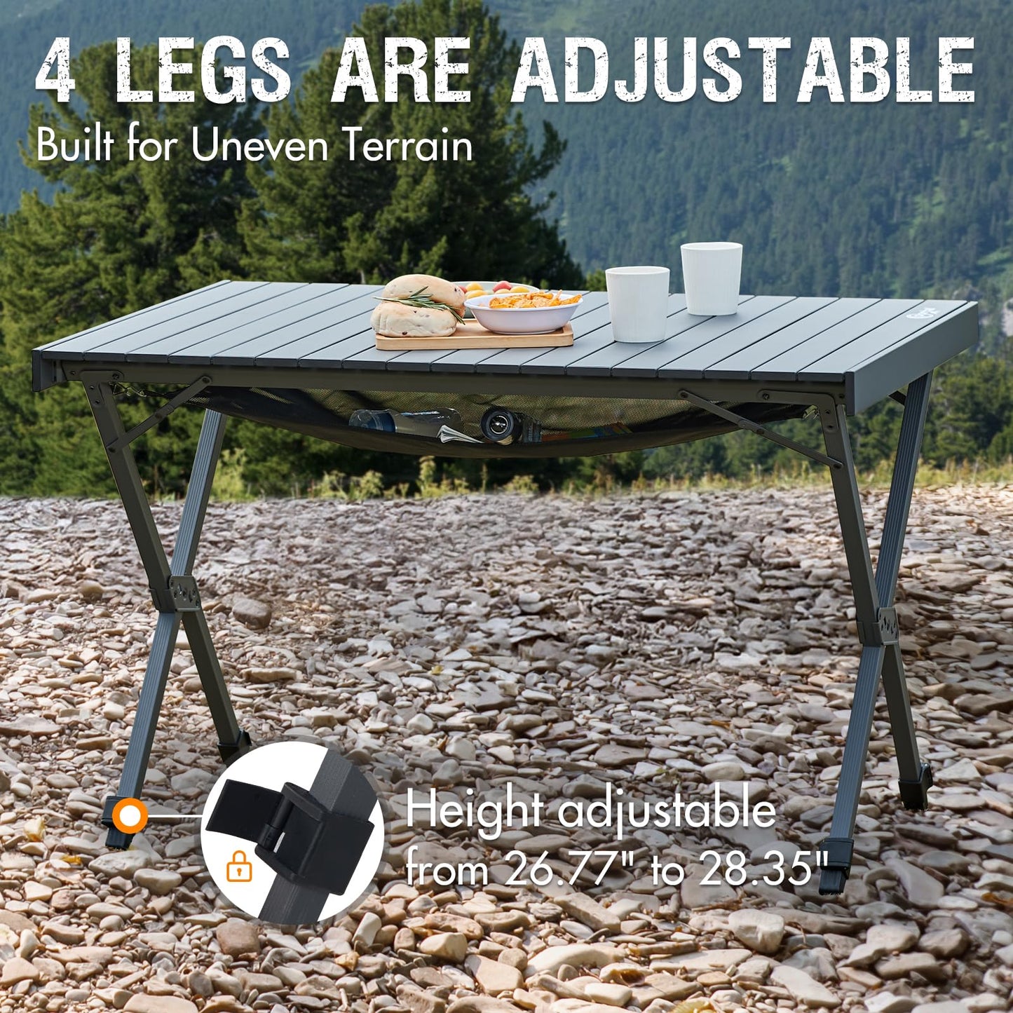 PORTAL Folding Outdoor Camping Table with Adjustable Height, Aluminum Roll-Up Top and Carry Bag, Big Large Portable Tables for Picnic, BBQ and Tailgating, Dark Gray