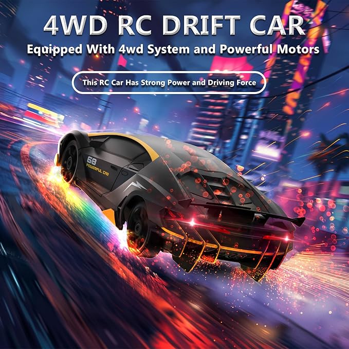 RC Drift Car 1:24 Remote Control Car 4WD 15KM/H High Speed Racing Sport Car with LED Lights RC Cars Toy for Kids Boys Girls Adults Gifts Birthday Christmas Rechargeable Batteries (Black-1)