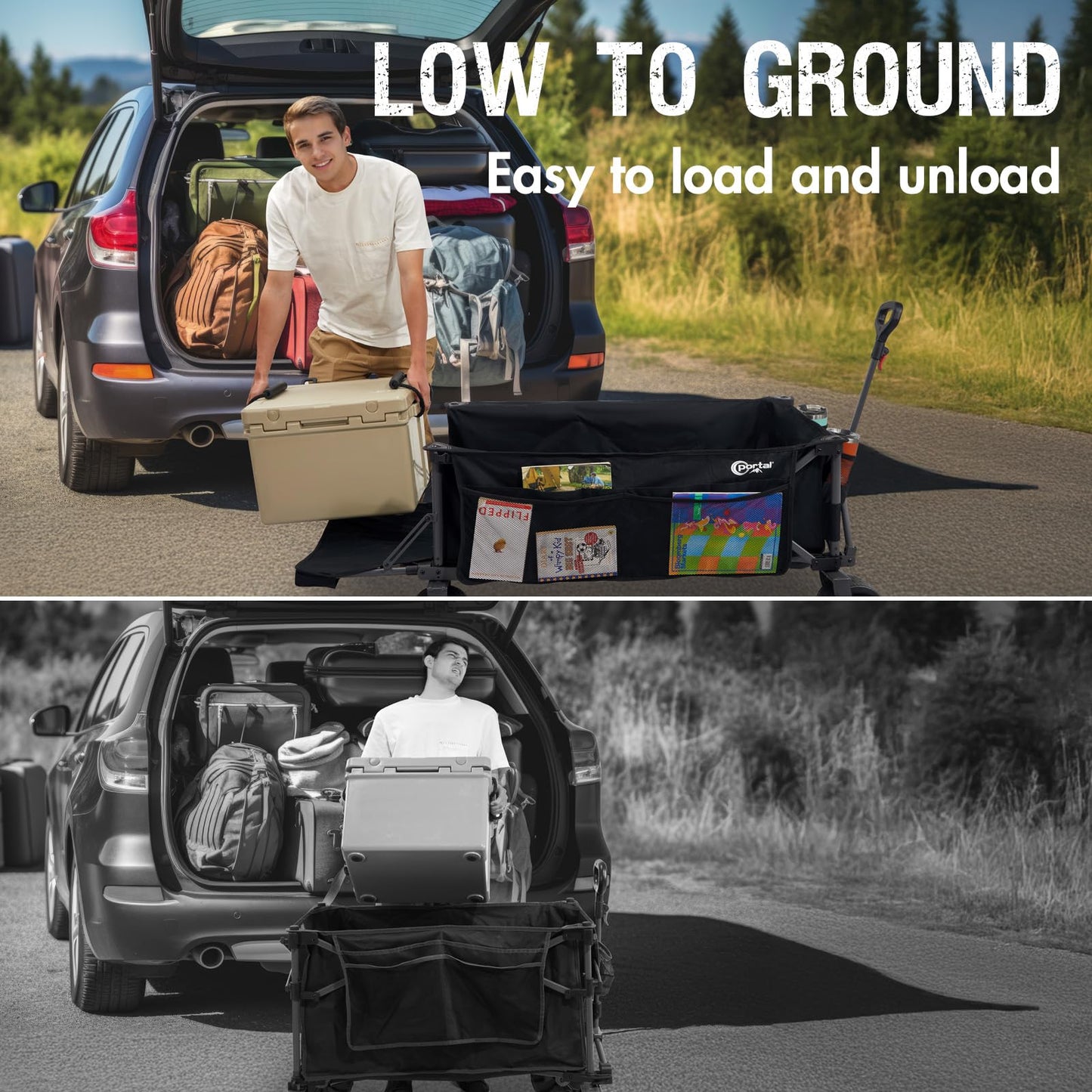 Portal 26" Extra Wide 55" Long Foldable Wagon with Tailgate, Large 600L Collapsible Wagon with Cargo Net, 500 LBs Heavy Duty Utility Cart with Big All-Terrain Wheels for Beach, Camping, Sports, Dogs