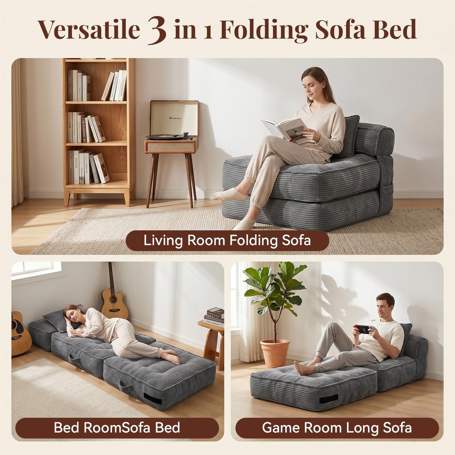 Folding Sofa Bed, Convertible Sleeper Chair with Pillow Foldable Mattress with Back Support, Portable Fold Out Chair Bed Comfy Floor Couch Lounge for Living Room Bedroom Apartment Single