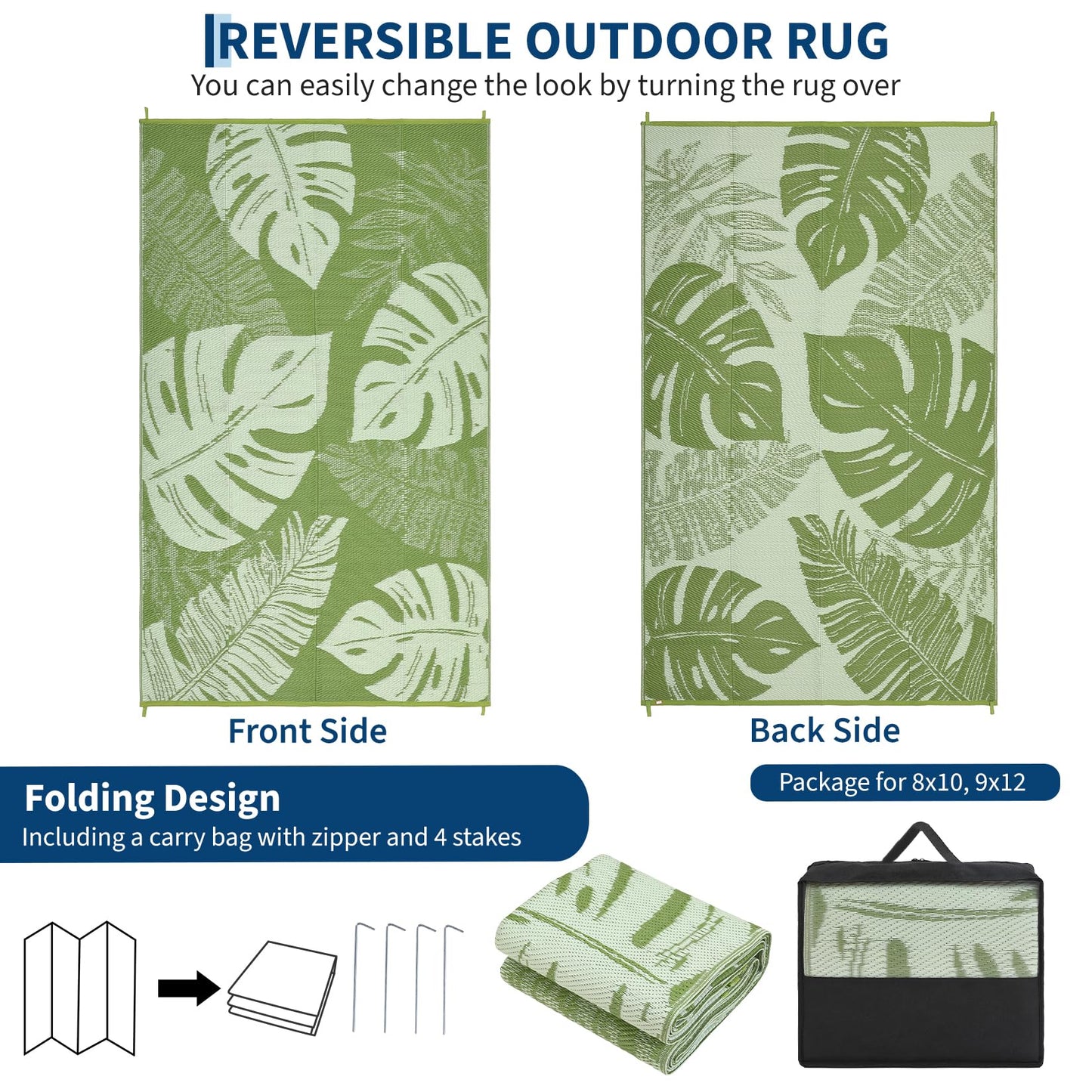Garvee 9x18 Outdoor Rug Waterproof Reversible Mat Leaf Tropical Patio Rug with 4 Stakes and Starage Bag Portable Outdoor Straw Plastic Area Rug for Camping Porch Deck Rv Balcony Backyard Beach, Sage