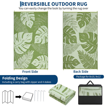 Garvee 9x18 Outdoor Rug Waterproof Reversible Mat Leaf Tropical Patio Rug with 4 Stakes and Starage Bag Portable Outdoor Straw Plastic Area Rug for Camping Porch Deck Rv Balcony Backyard Beach, Sage