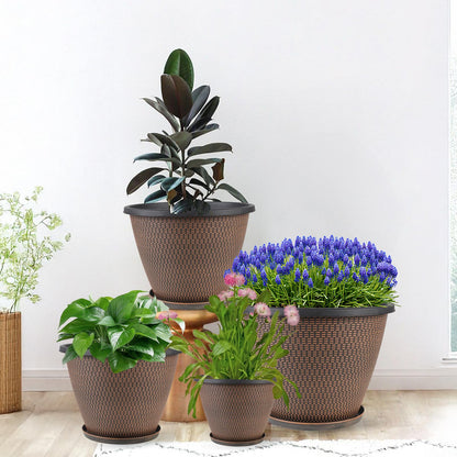 16 inch Plant Pots, Large Planters for Outdoor Plants Set of 4, Round Plastic Flower Pots with Drainage Holes & Trays, Modern Decorative Indoor Garden Pot, Plant Container for House (Black Copper)