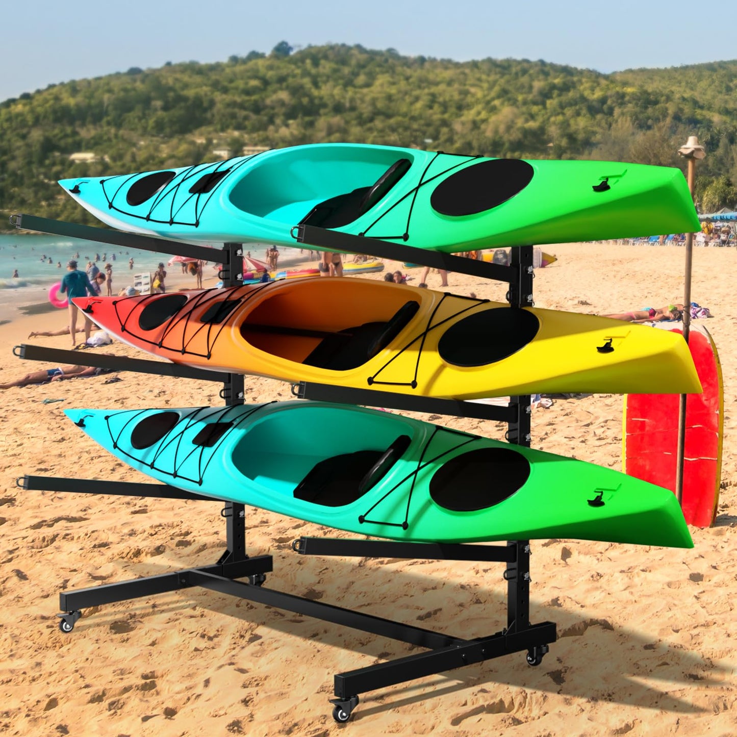 Baotree Heavy Duty Freestanding Kayak Storage Rack, Adjustable Metal Stand for 3 Kayaks, Canoes, SUPs, Paddleboards & Surfboards with Lockable Wheels, Indoor & Outdoor Use