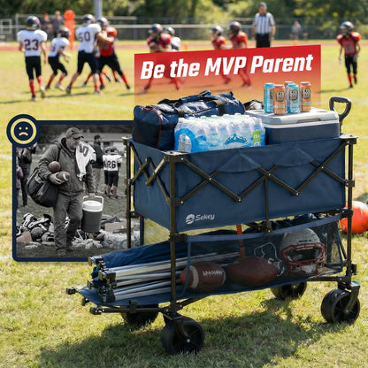 Sekey 500LBS Heavy Duty Double Decker Wagon with Extender, 400L Large Capacity Collapsible Garden Cart Fits 10x10 Canopy, All-Terrain Big Wheels with Brakes, Foldable Utility Wagon for Sports, Camping