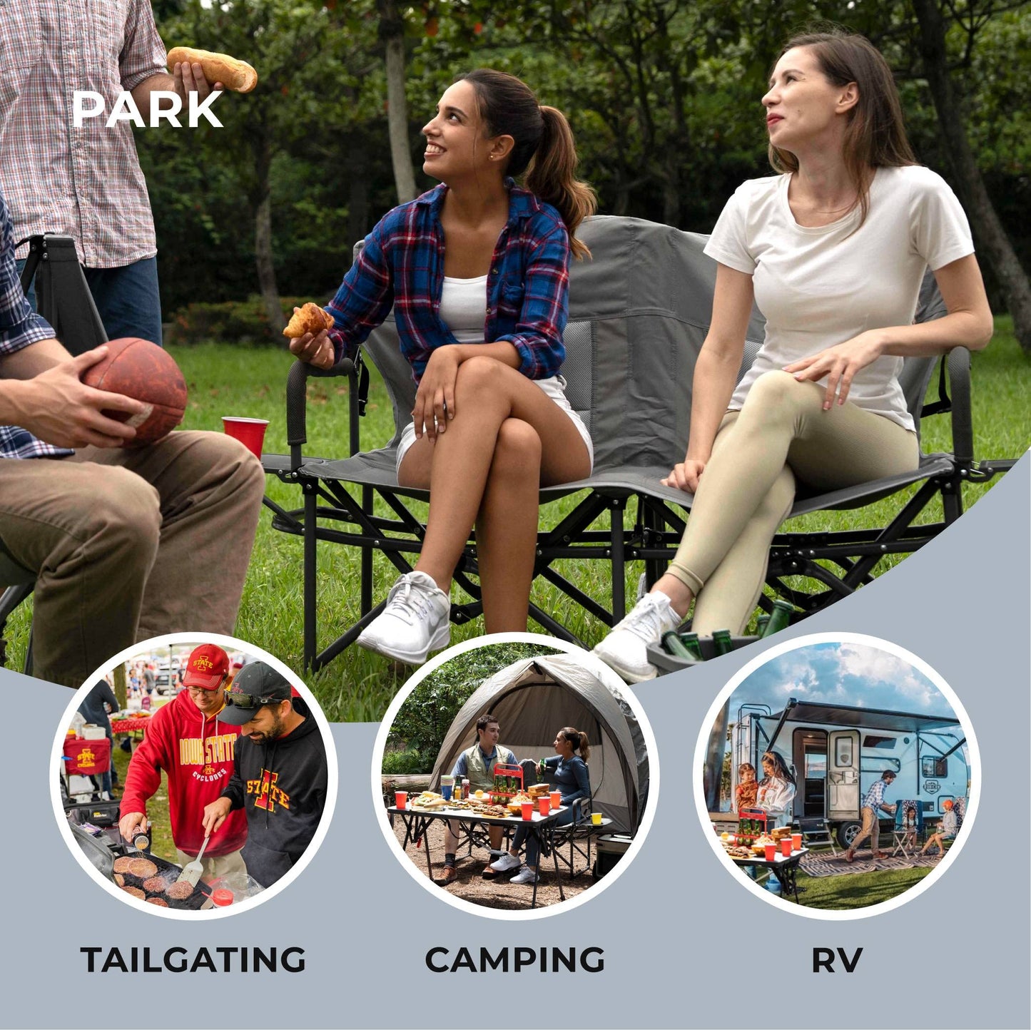 Camphor Designs Oversized Double Portable Folding Director’s Loveseat Chair with Padded Backrest, Side Table | Outdoor Sports, Beach, Lawn, Hunting, Tailgating, Fishing| Supports 300 Lbs/Seat