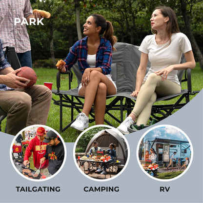 Camphor Designs Oversized Double Portable Folding Director’s Loveseat Chair with Padded Backrest, Side Table | Outdoor Sports, Beach, Lawn, Hunting, Tailgating, Fishing| Supports 300 Lbs/Seat