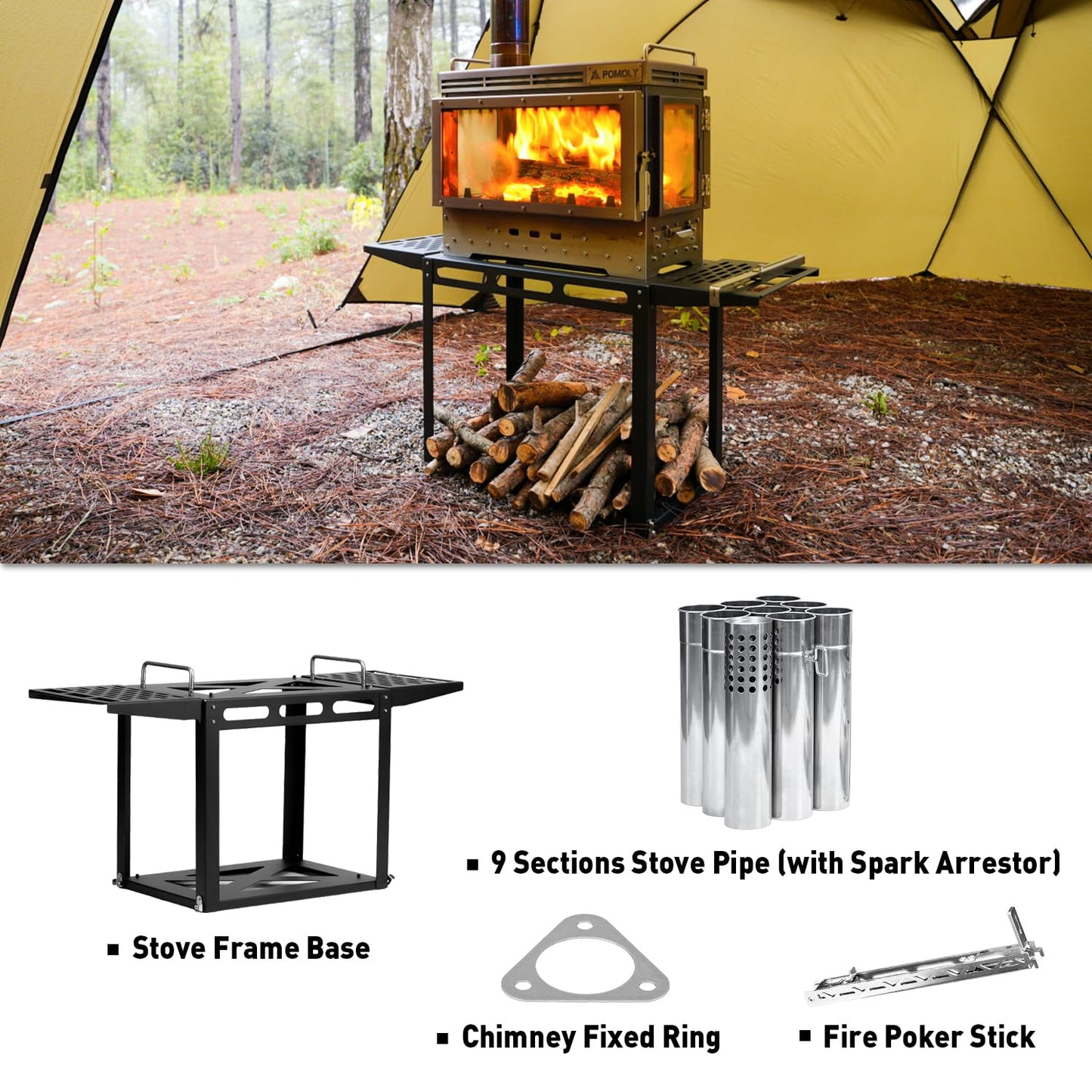 POMOLY Camping Tent Stove Wood Stove, Dweller Ultra 4 Stainless Steel Wood Burning Stove and Stove Frame Base for Cooking, Heating (with 4 Glasses)