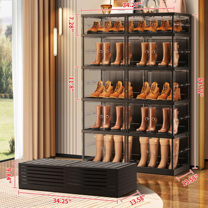 CIMLORD 5-Tier Foldable Shoe Rack for Closet Entryway 10-20Pairs,Stackable Clear Shoe Storage Boxes Organizer with Door Plastic Shoe Cabinet Bins with Lids Shoes Shelf Easy Assembly Large Black