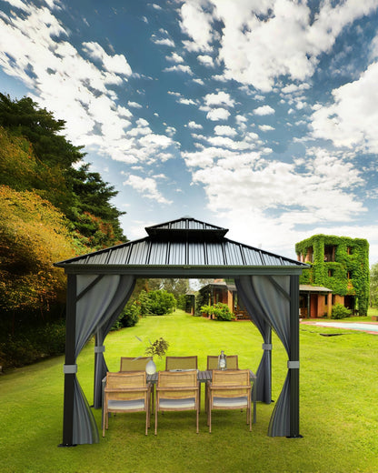 12'X12' Permanent Hardtop Gazebo, Aluminum Frame with Double Galvanized Steel Roof, Outdoor Patio Pavilion with Curtains & Netting for Backyard, Deck – Gray