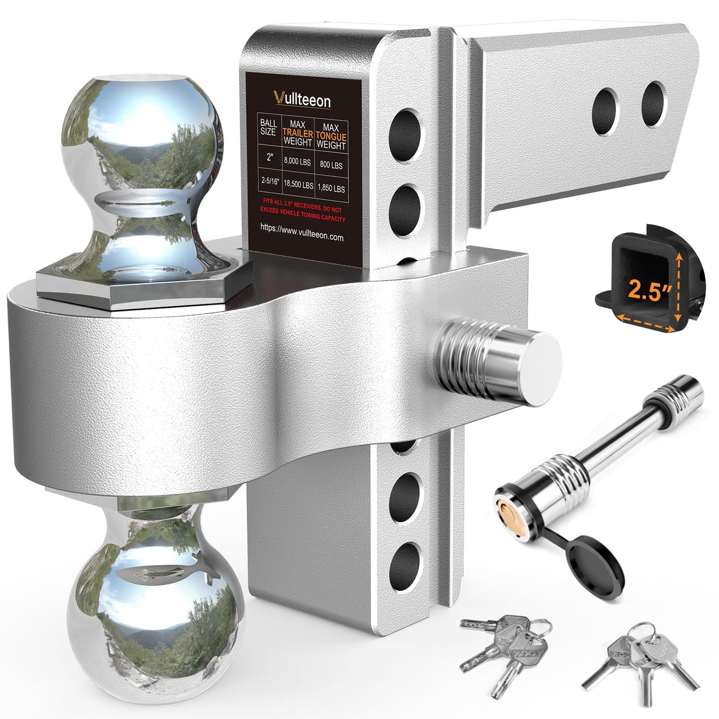 Drop Hitch 2.5 Inch Receiver, Vullteeon 6 Inch Adjustable Trailer Hitch Ball Mount, 18,500 LBS GTW, (2" & 2-5/16") Chrome Plated Steel Balls, Class 5 Aluminum Tow Hitches with 2 Anti-Theft Pins Locks
