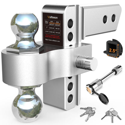 Drop Hitch 2.5 Inch Receiver, Vullteeon 6 Inch Adjustable Trailer Hitch Ball Mount, 18,500 LBS GTW, (2" & 2-5/16") Chrome Plated Steel Balls, Class 5 Aluminum Tow Hitches with 2 Anti-Theft Pins Locks