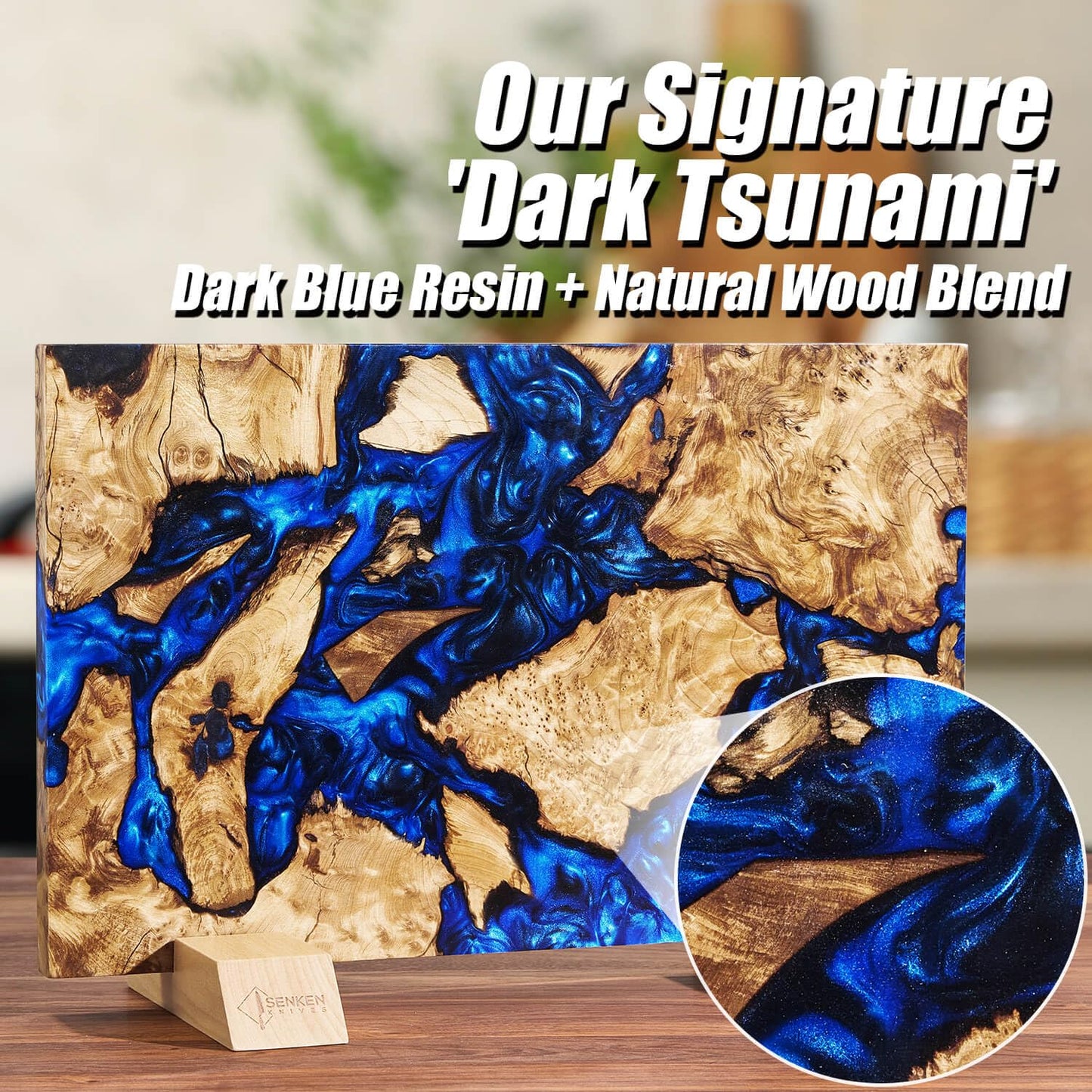 SENKEN "Dark Tsunami" Extra Large Magnetic Knife Block - Holds Up to 16 Knives - Knife Block without Knives, Beautiful Dark Blue Resin Burl Wood Blend Knife Holder ("Dark Tsunami " Blue Resin Blend)