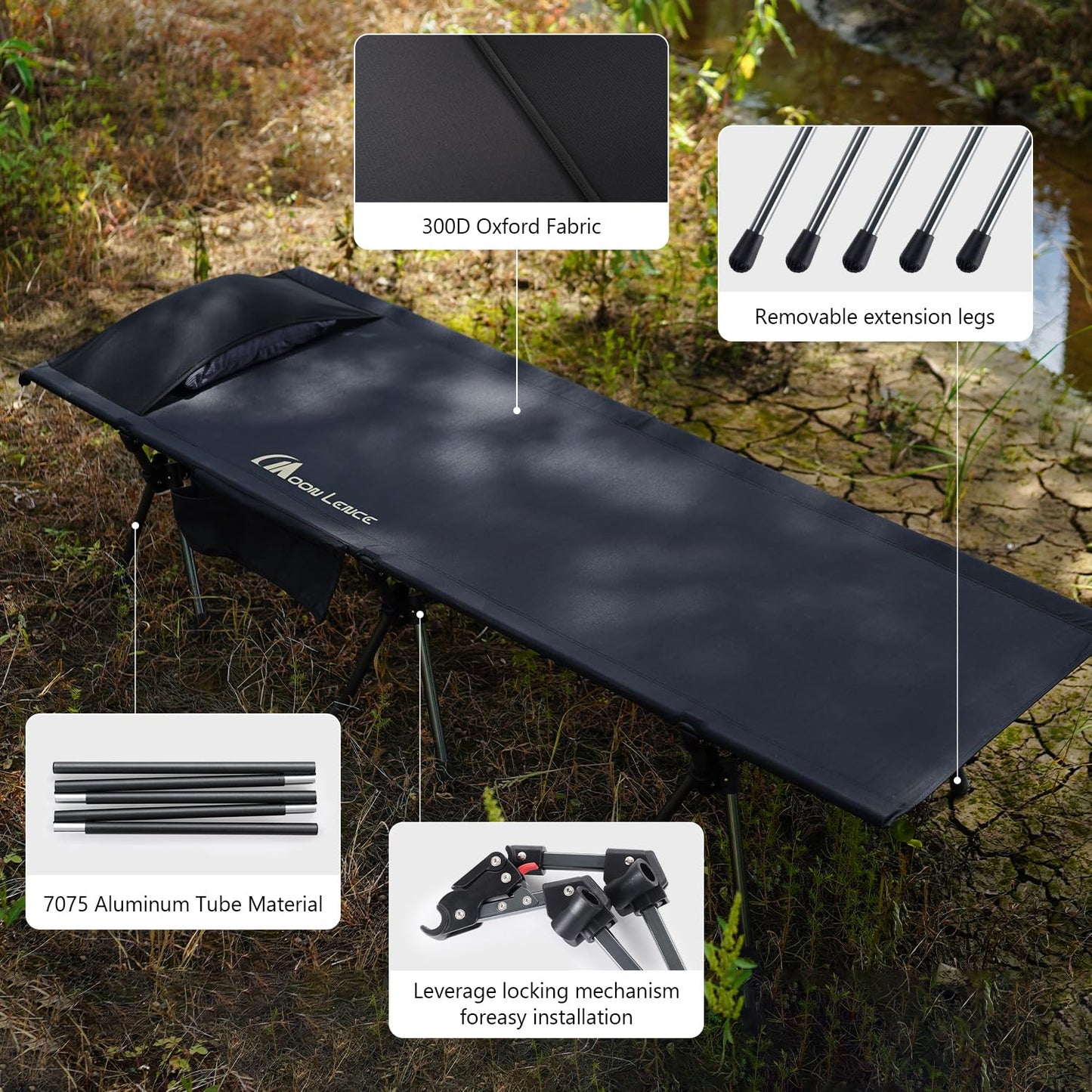 MOON LENCE Camping Cot, Height Adjustable with Cot Leg Extenders, Strong Support 330lbs, Ultra Lightweight Comfortable Folding Bed for Adult Camping, Hiking, Travel, Truck, Beach, Office Nap