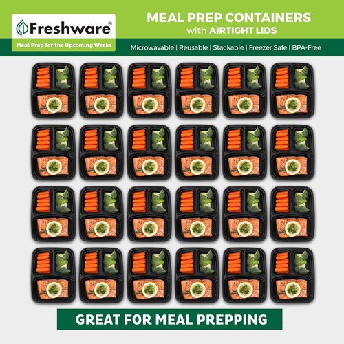 Freshware Meal Prep Containers - 21 Pack | 3 Compartment Bento Box, BPA Free, Microwave & Dishwasher Safe (24 oz)