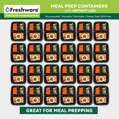 Freshware Meal Prep Containers - 21 Pack | 3 Compartment Bento Box, BPA Free, Microwave & Dishwasher Safe (24 oz)