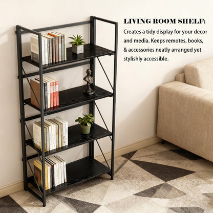 Kogven Folding Bookshelf, 2-in-1 Convertible Design, Multifunctional Plant Stand Storage Rack Shelves for Home Office, Easy Assembly, 4-Tier,Black