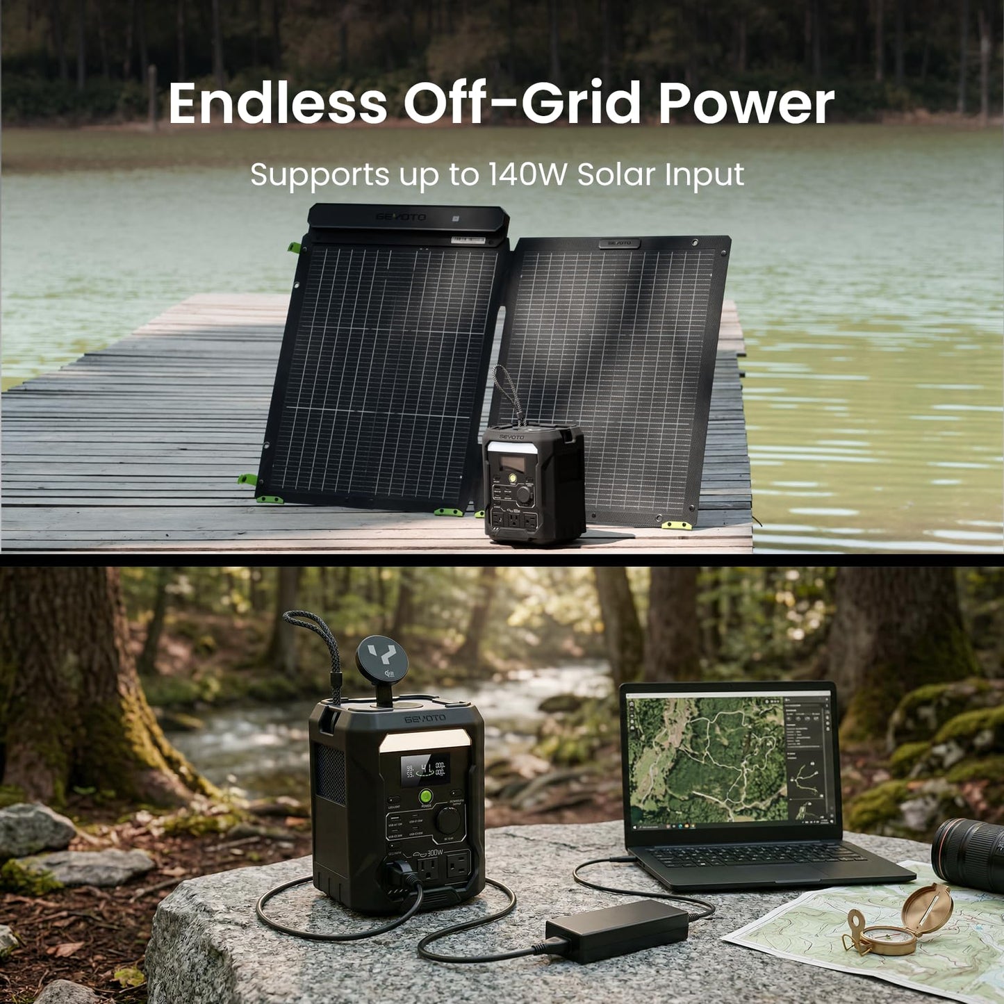 GEYOTO N300 Portable Power Station, 256Wh LifePO4 Battery,300W AC Outlets (500W P-Boost), 25W Wireless Charging, <10ms UPS Solar Generator for Camping Travel