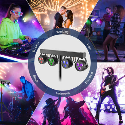 ClypsoReign Stage Lights with Stand 120W, Professional DJ Lights Package, RGBW LED 4-Par Gigbar with DMX & Sound-Activated Stage Lighting System for DJs Band Party Wedding Church & Concert, 7FT Tripod