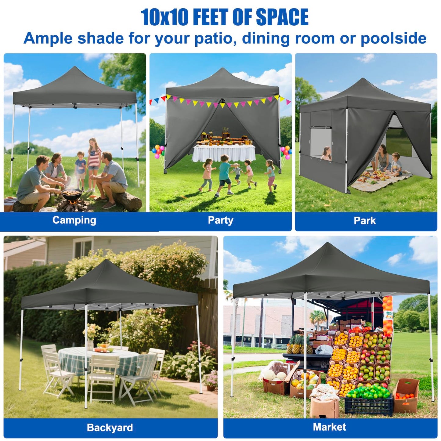 Yesker 10x10 Pop Up Canopy Tent with 4 Sidewalls Portable Folding Outdoor Canopy Easy Setup Gazebo Waterproof Instant Popup Shelter Tent w Wheeled Carry Bag sandbags for Events Parties Camping, Gray